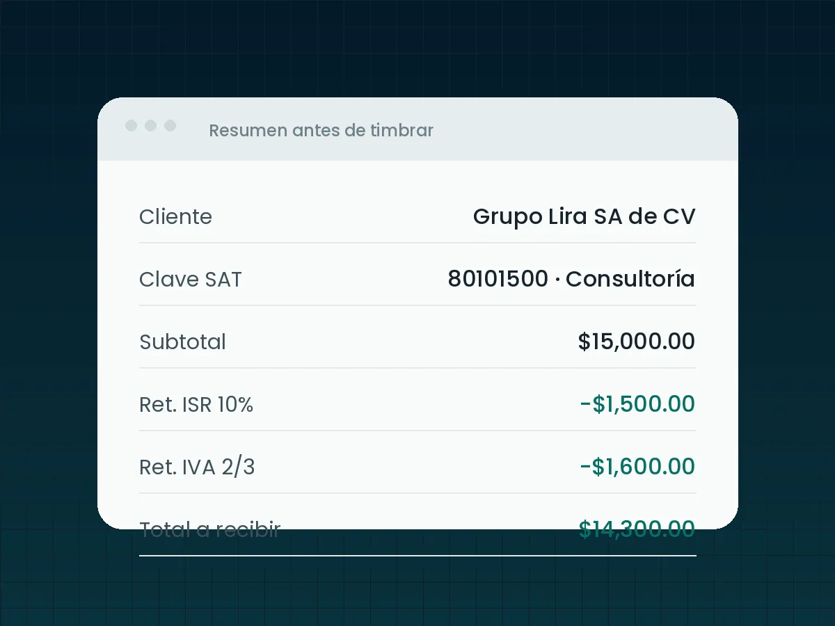 Resumen que Rosario muestra antes de timbrar